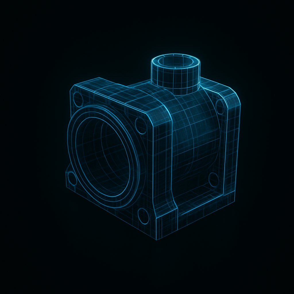 Glowing blue CAD wireframe model of a mechanical part
