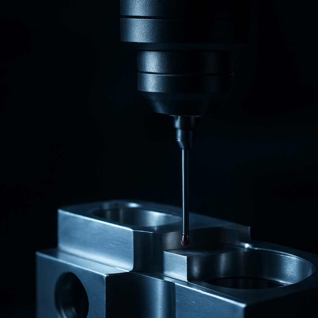 CMM touch probe inspecting a precision metal part