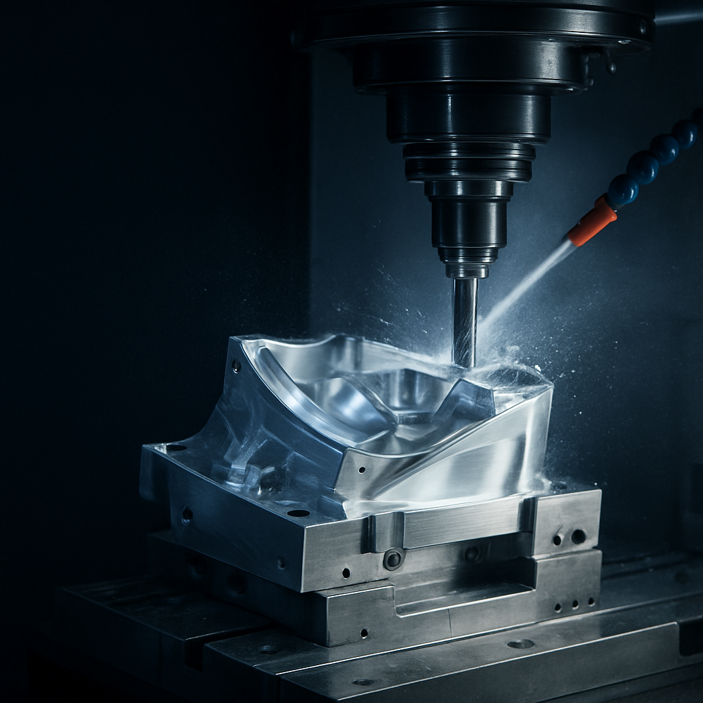 Five-axis CNC machining center cutting a precision aerospace component with sparks and coolant