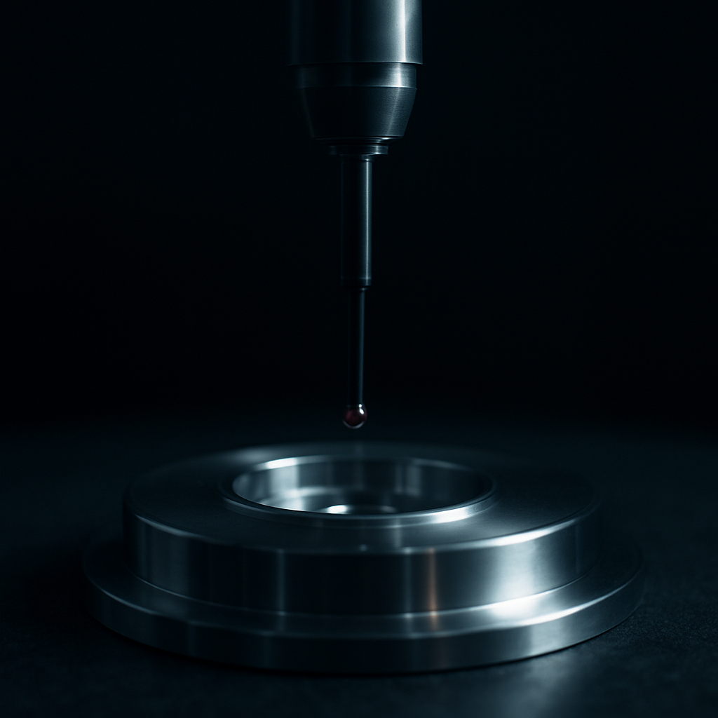 Precision measurement probe descending onto a machined metal part